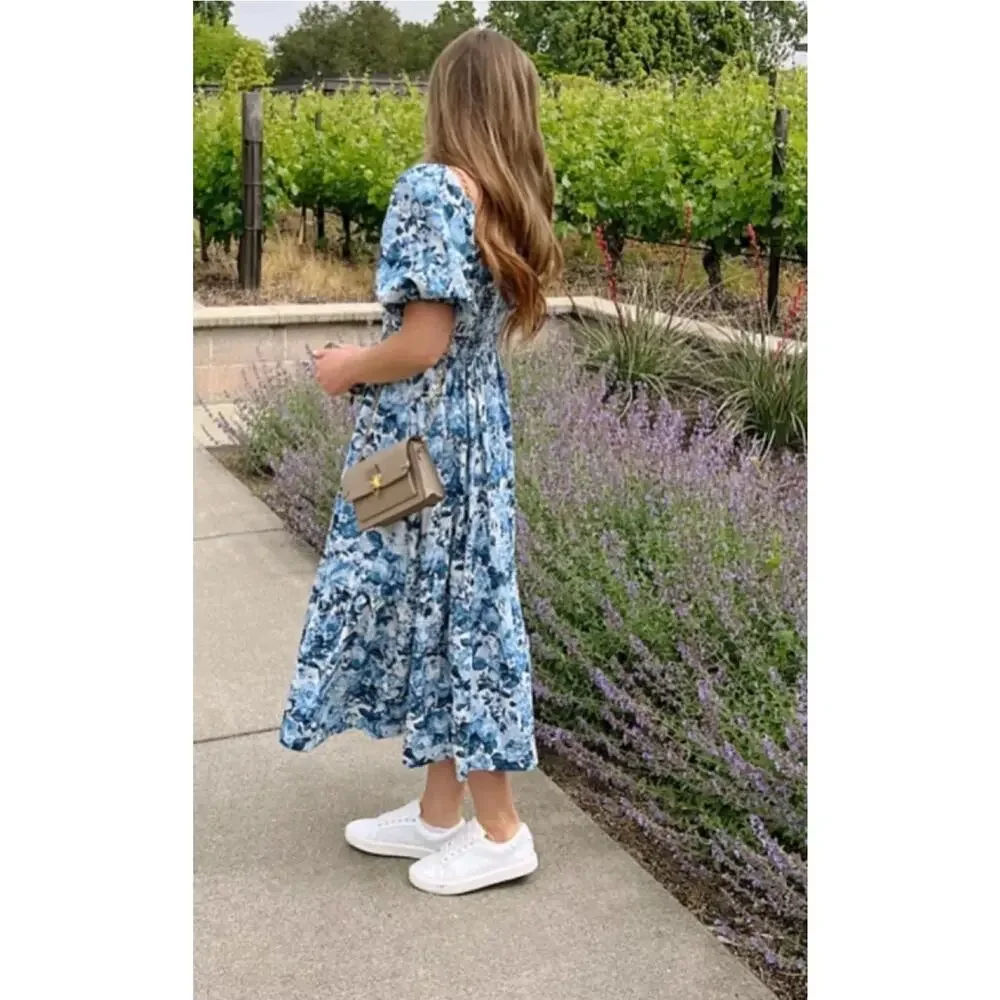 Abercrombie & Fitch Womens Blue Floral Smocked Puff Sleeve Fit & Flare Dress XST